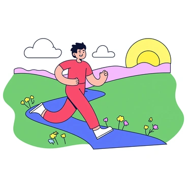 A 3D human figure jogging along a winding path. The figure has a fit appearance, wearing a bright red athletic outfit and white running shoes. The path is bordered by lush green grass and small colorful flowers. In the background, a large sun is rising, casting warm yellow and orange hues across the sky. There are rolling hills that add depth to the scene, and a few fluffy white clouds float gently above.