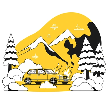 A car explosion on a snowy mountain road, with snowflakes illuminated by the flames