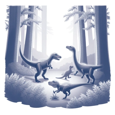 A dense forest filled with tall trees and lush ferns covering the ground. In this setting, several small dinosaurs are playfully interacting with one another. One dinosaur, resembling a theropod, is leaping over a patch of ferns, while another, resembling a small herbivore, is curiously nibbling on a fern leaf. The surrounding foliage is rich and detailed, with various textures highlighting the natural environment. A soft sunlight filters through the tree canopy, casting gentle shadows on the forest floor where the dinosaurs are playing.