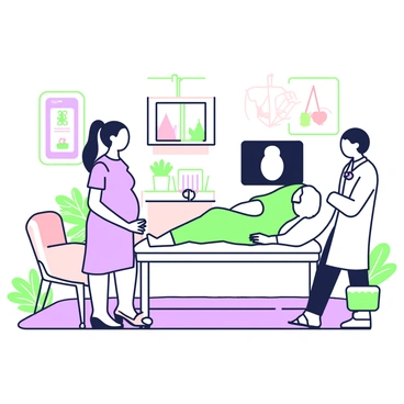 An expectant mother is lying on an examination table in a cozy clinic. She has long brown hair tied back and is wearing a soft, loose-fitting gown. A technician stands beside her, operating an ultrasound machine with a screen displaying a clear image of the developing fetus. The room is softly lit, with warm colors on the walls and a few plants placed around for a welcoming atmosphere. There is a comfortable chair in the corner for family members, and a small shelf filled with pregnancy brochures and baby toys.