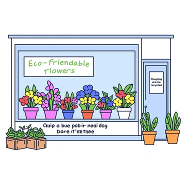 A flower shop with a large window display showcasing a variety of colorful flowers in eco-friendly packaging. The flowers are arranged in biodegradable pots made from recycled materials. A sign in the window reads "Eco-Friendly Flowers" in green lettering. The exterior of the shop features wooden crates filled with plants and flowers, emphasizing sustainability. There are also small posters on the walls promoting sustainable products and practices.