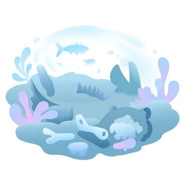 Fossils of marine dinosaurs are scattered across a rocky ocean floor. Various bones, including large vertebrae and rib fragments, are partially buried in the sediment. The scene is illuminated by soft, diffused light filtering through the water above, creating a serene atmosphere. Coral formations and seaweed are visible nearby, adding detail to the oceanic environment. Small fish swim in the background, emphasizing the depth of the ancient ocean.