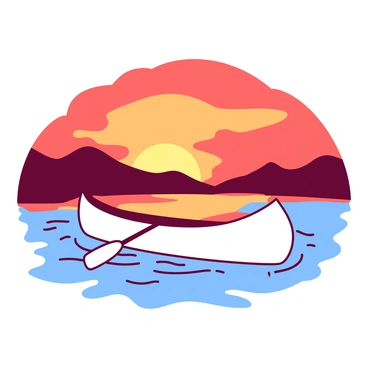 A white silhouette of a canoe is gliding smoothly across the water's surface, creating gentle ripples. In the background, a fiery sunset sky displays vibrant shades transitioning from orange to red, casting a warm glow over the scene. The horizon is slightly blurred, highlighting the vivid colors of the sunset, while the water reflects the brilliant hues. The shape of the canoe stands out distinctly against the colorful sky, emphasizing its serene movement through the still water.