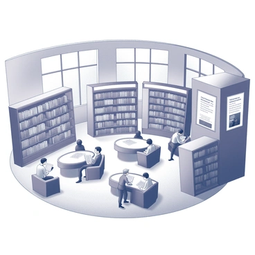 A large, modern library interior featuring digital bookshelves that display a variety of virtual book covers. The bookshelves are illuminated with sleek lighting and arranged in a circular layout. In the center, there are interactive reading spaces equipped with comfortable seating and touchscreen tables, where visitors can access digital content. The walls are adorned with minimalist art and large windows allowing natural light to fill the space. Various patrons are seen engaging with the technology, browsing through the virtual selections, and enjoying their reading experiences.
