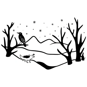 A snowy landscape featuring a thick layer of snow blanketing the ground and covering the branches of trees. In the foreground, a "crow" is perched on a snow-covered branch, its wings slightly spread. Nearby, a "fox" is playfully leaping through the snow, its tail raised high. Flurries of snowflakes are falling gently from the sky, adding to the wintry scene. In the background, there are distant mountains, their peaks dusted with snow, completing the tranquil winter atmosphere.