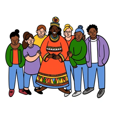 A person with medium skin tone wearing traditional attire featuring intricate patterns and vibrant colors is being pulled into a group photo. The traditional attire consists of a long flowing dress with colorful embroidery and a matching headpiece. Surrounding this person are several individuals in contemporary fashion. They are dressed in casual clothing, including jeans, t-shirts, and jackets, showcasing a variety of styles and colors. The group is smiling and posing together, capturing a moment of connection between different cultural expressions.