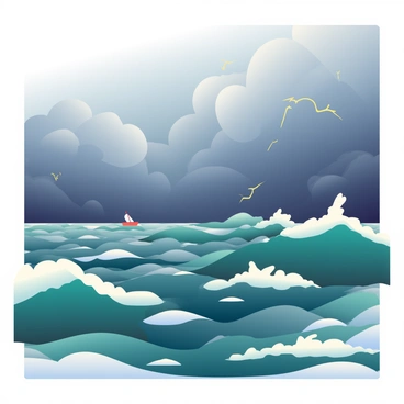 A vast sea with choppy waves crashing against each other, creating white foam at the crests. The water is depicted in varying shades of dark green and blue, reflecting the turbulent conditions. Above the sea, dark clouds fill the sky, swirling ominously and hinting at the imminent arrival of a gale-force wind. The clouds are thick and heavy, casting shadows over the water. Lightning can be seen flickering within the clouds, adding to the dramatic atmosphere. In the distance, a faint outline of a small boat is struggling against the rising waves.