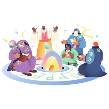 A group of five spellcasters is gathered in a circle, each wearing elaborate robes adorned with intricate patterns. One spellcaster has long white hair and is raising their hands, channeling energy toward the center of the circle. The second spellcaster, with a braided beard, is holding a staff topped with a glowing crystal. The third, a woman with dark skin and braided hair, is kneeling with a book open in front of her. The fourth spellcaster, with a hood hiding their features, is casting shimmering symbols into the air. The fifth, with short red hair, is holding a small orb that emits a bright light. In the center of the group, a swirling, glowing portal is opening up, radiating vibrant colors. The ground around them is covered in glowing runes, and ethereal wisps of light float around the scene.