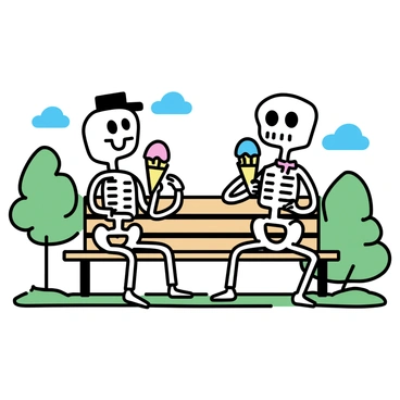 A pair of skeletons sitting on a wooden park bench in a green park. Each skeleton is holding an ice cream cone, with the cone topped with colorful scoops of ice cream. The skeleton on the left is wearing a small black hat, while the skeleton on the right has a ribbon tied around its neck. The background features a few trees and a clear blue sky.