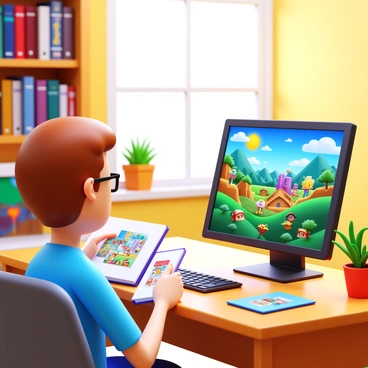 A student is sitting at a desk, presenting their final illustration project on a computer screen. The student has short brown hair and wears glasses, appearing focused as they speak. The computer displays their colorful artwork, showcasing a vibrant scene filled with various characters and landscapes. The student holds a sketchbook in one hand and gestures towards the screen with the other hand, indicating specific elements of their project. The background shows a well-organized study space with bookshelves filled with art books, a plant on the desk, and a bright window letting in natural light.
