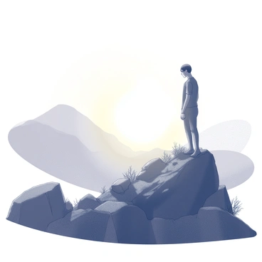 A person standing on a rocky mountaintop. The figure is silhouetted against the horizon, where the sun is rising, casting a bright glow. The person's posture suggests contemplation, with hands resting on the hips or arms stretched out. In the foreground, jagged rocks and sparse vegetation are visible. The sky is filled with light and the outlines of distant mountains are faintly visible in the background, enhancing the sense of height and scale.