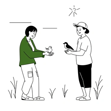 Two volunteers are standing in a natural setting, preparing to release a rehabilitated bird. One volunteer, a woman with short hair wearing a green jacket and cargo pants, is gently holding the bird in her hands. The bird is small with delicate features and is perched calmly. The other volunteer, a man wearing a baseball cap and a light t-shirt, is looking on with a smile, ready to assist. Surrounding them are trees and tall grass, indicating a wild environment. The sun is shining down, creating a warm atmosphere as they prepare to set the bird free.