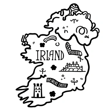 A black-and-white illustration of a detailed map of "Ireland," featuring various geographical landmarks and symbols representing famous sites. Several "rainbows" are arching over the map, connecting landmarks such as "Cliffs of Moher," "Giant's Causeway," and "Blarney Castle." Each landmark is labeled with its name in decorative lettering. Small elements like "celtic knots" and "shamrocks" are scattered throughout the map, adding intricate designs. The overall composition is playful and inviting, capturing the essence of the landscape.