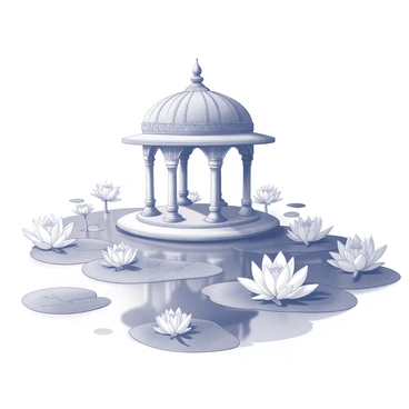 A mandap structure sits by a tranquil lake. The mandap features intricately carved pillars and a decorative canopy overhead. Surrounding the mandap are a variety of blooming lotus flowers, their petals elegantly unfolding. The lake's surface is smooth, reflecting the mandap and the flora around it. The setting is peaceful, with the lotus flowers floating gracefully on the water.