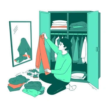 A teal adolescent is sitting on the floor of a brightly lit bedroom, surrounded by various clothing items. The adolescent is holding up a pair of orange pants, examining them thoughtfully. In the background, an open wardrobe reveals neatly organized shelves with folded shirts and jackets in different colors. Some clothes are piled on the floor, showing a mix of sizes and styles. A mirror reflects the adolescent's focused expression as they consider what to keep and what to discard.