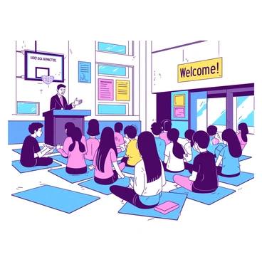 A group of students in a gymnasium are gathered in rows, sitting on bright blue mats. They are attentively facing the principal, who is standing at a podium with "Welcome!" written on a yellow banner above. The principal is wearing formal attire and gesturing with one hand while speaking. In the background, colorful posters are hanging on the walls, and a large scoreboard is visible above. Some students are taking notes, while others are glancing around the gymnasium, which is filled with natural light coming from high windows.
