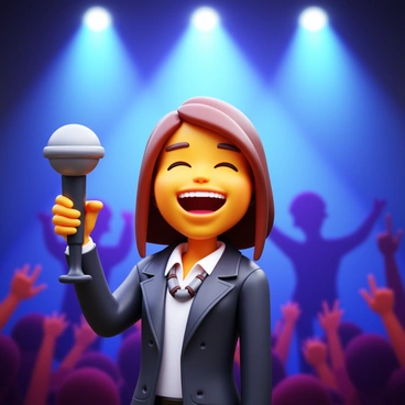 A musician with a joyful expression holding a "microphone-shaped award" in one hand. The musician is wearing a stylish outfit with a mix of modern and classic elements. The stage is adorned with bright "spotlights" shining down, creating an ambiance of excitement. In the background, there are blurred silhouettes of cheering fans, adding to the lively atmosphere of the event.