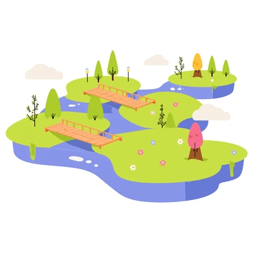 A series of green floating islands in a blue sky, each island covered with lush grass and colorful flowers. Wooden bridges span between the islands, showcasing rustic planks and sturdy ropes. Some islands have small waterfalls cascading over their edges, while others host vibrant trees with thick trunks. Fluffy white clouds drift lazily around the islands, adding depth to the scene.