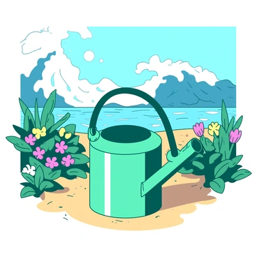 A teal watering can is placed on a sandy surface in a beachside garden. The garden is filled with vibrant green plants and colorful flowers, creating a lively atmosphere. In the background, tall waves are crashing against the shore, with white foam splashing into the air. The sun is shining brightly, casting light that highlights the watering can's shiny surface. The scene captures a calm yet dynamic environment, where the gentle sound of waves complements the serene beauty of the garden.