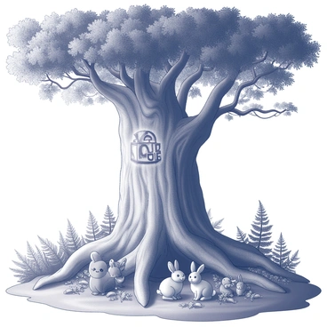 A giant guardian tree with protective runes, sheltering creatures in a lush part of the forest.