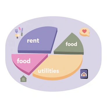 A digital flat illustration featuring a large, colorful pie chart divided into several segments. The segments represent different monthly expenses including "rent," "food," and "utilities." The "rent" segment is in blue, occupying the largest portion, while the "food" segment is in green, and the "utilities" segment is in yellow. Each segment is labeled with its respective category in bold white text. Surrounding the pie chart are small icons: a house for rent, a fork and knife for food, and a lightbulb for utilities. The background is light gray, enhancing the vibrancy of the pie chart.