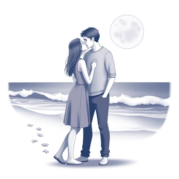 A couple standing close together, sharing a tender kiss. The scene is illuminated by a full moon, casting soft light on their faces. The man has dark hair and is wearing a casual shirt, while the woman has long hair and is dressed in a flowing dress. They are on a beach, with soft waves gently crashing on the shore in the background. Small footprints are visible in the sand leading to where they stand. The atmosphere is intimate, with the moon reflecting on the water, creating a peaceful ambiance.