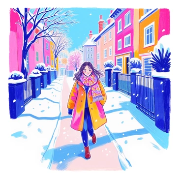 A girl is walking along a snowy street. She is dressed in a cozy winter coat, which is buttoned up, and she has a stylish scarf wrapped around her neck, with vibrant patterns. The ground is covered in white snow, and snowflakes are gently falling around her. In the background, there are snow-covered trees lining the street, and charming houses with smoke coming out of the chimneys. The scene captures the essence of winter, with a soft, chilly atmosphere.