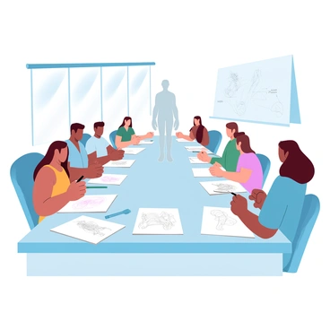 A group of participants is seated around a large, rectangular table covered with sketch pads and various drawing tools. Each participant is intently focused on their work, with some using pencils, while others have charcoal or ink pens in hand. In the center of the table, there is a large anatomical model of a human figure, providing a reference for their sketches. The room is filled with natural light coming from large windows, casting soft shadows across the table. Various sketches of different body parts, including limbs and muscles, are scattered on the table, showcasing the diverse styles and techniques of the participants. A whiteboard in the background displays notes and diagrams related to anatomical drawing.