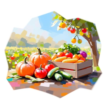 A bountiful harvest scene showcasing a variety of ripe fruits and vegetables in a sunlit field. The field is filled with vibrant orange pumpkins, deep red tomatoes, yellow corn, and bright green zucchinis. In the background, there are clusters of ripe apples hanging from trees, and the earth is dotted with colorful bell peppers and leafy greens. A wooden crate is overflowing with fresh produce, emphasizing the theme of abundance. The sky is clear and blue, adding to the overall sense of a fruitful and prosperous harvest.