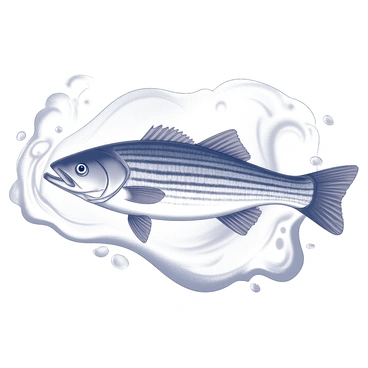 A striped bass is depicted swimming gracefully in water. The fish's body is elongated, showcasing its distinct horizontal stripes. Surrounding the bass, intricate swirling water patterns create a dynamic flow. The water is filled with detailed formations, emphasizing the movement and fluidity of the scene. The overall composition highlights the elegance of the striped bass within its aquatic environment.