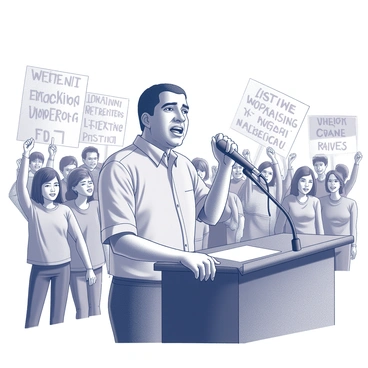 Cesar Chavez stands at a podium, passionately delivering a speech to a large crowd of supporters gathered at an outdoor rally. He is wearing a simple button-down shirt and holding a microphone with one hand while gesturing emphatically with the other. The audience behind him is diverse, with individuals of various ages and backgrounds, some holding handmade signs with slogans advocating for workers' rights. The backdrop shows trees and a clear sky, adding to the vibrancy of the event. The expressions of the crowd reflect their engagement and support, with some people raising their fists in solidarity.