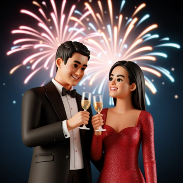 A man, wearing a black tuxedo with a white shirt and bow tie, is standing next to a woman, who is dressed in a sparkly red evening gown with long sleeves. They are smiling at each other while holding up crystal champagne glasses, toasting in celebration. Behind them, vibrant fireworks are exploding in shades of red, blue, and gold, illuminating the night sky. The couple is positioned in the foreground, with flashes of light from the fireworks reflecting on their joyful expressions.