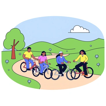 A group of four friends riding bicycles along a winding dirt path in the countryside. Each friend has a different colored bicycle: one red, one blue, one green, and one yellow. The friends are wearing casual, vibrant clothing that stands out against the lush green landscape. In the background, there are gentle rolling hills dotted with wildflowers and a clear blue sky with a few fluffy white clouds. A single tree stands on the left side of the path, providing a bit of shade. The scene conveys a sense of adventure and enjoyment in nature.