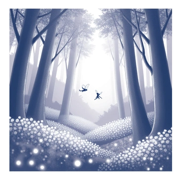 A dense forest with tall, majestic trees reaching towards the sky. The ground is covered in an array of flowers, each emitting a soft glow that illuminates the surroundings. Small, delicate fairies can be seen flitting gracefully between the trees, their wings shimmering as they move. The atmosphere is lively, with fairies engaged in playful dances among the foliage, creating a sense of enchantment and wonder in the scene.