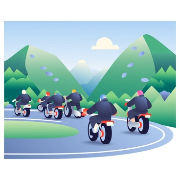 A group of five motorcyclists is riding along a winding mountain road. The riders are wearing black leather jackets and helmets of various colors. Their motorcycles are sleek and shiny, showcasing a mix of black, red, and silver. The background features towering green mountains with patches of trees and rocks. The sky above is bright blue with a few fluffy white clouds. In the distance, there are valleys and additional peaks, enhancing the scenic landscape. The sun casts shadows on the road as the bikers navigate the curves.
