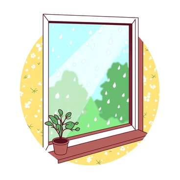 Raindrops are trickling down a glass window, creating a pattern as they slide down. Outside, the blurred outlines of trees are visible through the droplets. The interior features yellow wallpaper with a floral design, providing warmth to the scene. A soft, diffused light filters through the window, illuminating the subtle textures of the wallpaper. In the foreground, there is a wooden windowsill with a small potted plant sitting beside the window, adding a touch of greenery to the cozy atmosphere.