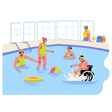 A brightly lit indoor pool with clear blue water, where several swimmers with disabilities are participating in a swimming class. One swimmer, a young woman with a prosthetic leg, is practicing her strokes with a coach beside her, offering encouragement. Another swimmer, an elderly man in a wheelchair, is using a flotation device as he splashes playfully in the water. The scene includes colorful swim caps on the swimmers' heads, bright swim floats in the pool, and a lifeguard observing attentively from the edge. The atmosphere is lively and filled with joy as the swimmers enjoy their time in the water.