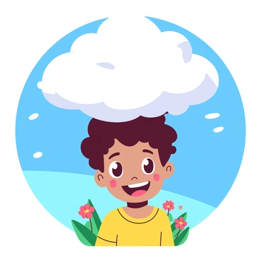 A white fluffy cloud is floating above a child's head, resembling a whimsical hat. The child has a joyful expression, with wide eyes and a big smile, and is wearing a bright yellow shirt. The background features a clear blue sky, with a few scattered rays of sunlight illuminating the scene. The grass below the child is vibrant green, and there are a few colorful flowers peeking through. The overall atmosphere feels cheerful and playful.