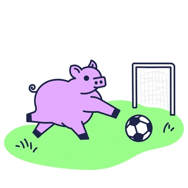 A pig is on a grassy field, playing soccer with a focused and determined expression. The pig has a round body and short legs, and it is mid-motion, raising one hoof to kick a round soccer ball. The soccer ball is black and white, and it is positioned just in front of the pig. Surrounding the pig, there are a few small tufts of grass scattered on the field, and a goalpost is visible in the background. The sky overhead is clear and bright.