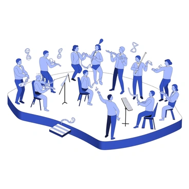 A symphony orchestra is positioned on a stage, with musicians playing instruments shaped like DNA strands and other genetic symbols. Each instrument, crafted in intricate detail, reflects the double helix structure of DNA, showcasing twists and turns. The string section holds violins and cellos that resemble genetic sequences, while woodwinds mimic the forms of chromosomes. Brass instruments are designed with motifs of nucleotides, and the percussion section features drums shaped like molecular structures. Conductor stands at the front, waving a baton that resembles a strand of RNA, as musicians passionately engage in their performance. The audience can be seen, captivated by this unique orchestral presentation.
