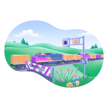 A freight train with a long line of colorful cargo cars is passing through a railway crossing. The train is set against a backdrop of a wide-open countryside landscape featuring rolling green hills, dotted with clusters of trees. The sky above is a clear blue, with a few fluffy white clouds. At the railway crossing, a set of red and white striped gates is closed, with a caution sign visible. In the foreground, wildflowers are blooming along the tracks, adding splashes of color to the scene.