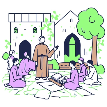A monk in a medieval monastery courtyard teaching a small group of novices