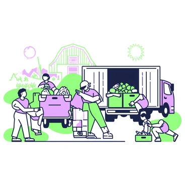 A diverse farming community is actively loading their harvest onto trucks for interstate distribution. In the foreground, a group of individuals of various backgrounds is working together, with some lifting crates filled with fresh produce. A man with a straw hat is arranging large boxes of vegetables while a woman wearing gloves is carefully stacking baskets of fruit nearby. Several trucks are parked on a dirt road, ready to be filled, with their doors open wide. Behind them, a field of green crops stretches out, and a barn with a wooden exterior is visible in the background. The sun is shining brightly in the sky above, illuminating the scene.