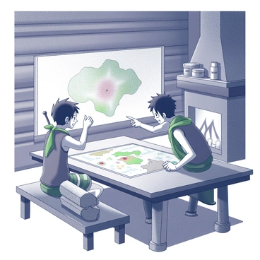 Zoro and Usopp are seated at a wooden table inside a cozy cabin. A warm fireplace crackles nearby, casting flickering shadows on the walls. Zoro, with his green bandana tied around his head, leans forward, focused on a large map spread out before them. Usopp, with his slingshot at his side, gestures animatedly, pointing at various locations on the map. The cabin is adorned with rustic wooden beams and shelves filled with tools and supplies. A few logs are stacked neatly beside the fireplace, completing the inviting atmosphere as they brainstorm their strategy.