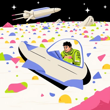 A mercenary wearing a tactical flight suit is piloting a small, sleek spaceship through a field of colorful debris. The spaceship has a streamlined design with bright blue and silver accents. Surrounding the ship are fragments of various space vessels, including twisted metal and shattered glass. In the distance, an abandoned vessel is visible, appearing large and detailed, with faded markings and damage on its hull. The mercenary's focused expression is visible through the cockpit glass as they navigate the treacherous environment. Bright stars twinkle in the background, adding depth to the scene.