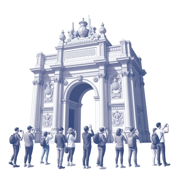 A historic landmark with intricate architectural details, showcasing ornate carvings and a grand entrance. The structure stands tall against a clear sky, with its significance evident in its design. A diverse group of tourists is gathered around, some holding cameras, while others pose for photos in front of the landmark. The tourists exhibit various expressions of excitement and wonder as they capture the moment. The scene is lively, with people moving about and others taking in the beauty of the landmark itself.