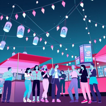 A vibrant night festival filled with people enjoying various activities. The scene is illuminated by numerous "string lights" hanging overhead, casting a warm glow. There are "glowing lanterns" of different shapes and colors, adding to the festive atmosphere. Decorations around the area include "illustrations" on banners and stalls, showcasing local art and culture. People are gathered in groups, sharing laughter and food, with some engaging in games and performances. The night sky is clear, allowing stars to peek through, enhancing the magical ambiance of the festival.