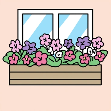 A wooden window box mounted on a brick wall, filled to the brim with vibrant petunias in shades of purple, pink, and white. Interspersed among the petunias are bright red geraniums, their green leaves contrasting with the colorful blooms. The sunlight casts soft shadows over the flowers, highlighting their petals and creating a lively display. The surrounding brick wall has a warm, rustic appearance, complementing the colors of the flowers in the window box.