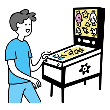 A classic pinball machine with a glossy surface, featuring a colorful array of flashing lights across its design. The machine showcases various themes with bold graphics and a vibrant playfield. A player, wearing a casual blue t-shirt and jeans, stands in front of the machine, intently focused on the game. Their hand is poised over the flipper buttons, ready to play, while a look of joy and excitement is visible on their face. The surrounding area is filled with the warm glow of the machine's lights reflecting off nearby surfaces.