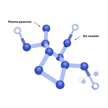 A molecular structure of plasma is displayed prominently in the center of the image. The structure consists of intertwined molecules, showcasing their bonds and formations clearly. Each molecule is depicted with distinct shapes and sizes, illustrating the complexity of the plasma composition. Labels are placed strategically around the structure, with clear lines connecting them to the relevant parts of the molecular formations. The background is simple to enhance the visibility of the plasma structure and the accompanying labels.